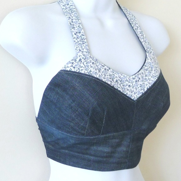 Bralette Halter Top Reversible Denim Floral Sz Medium - Picture 2 of 4